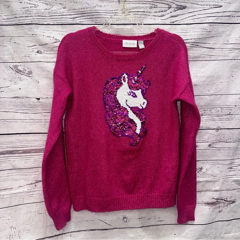 The Children’s Place Girls Sweater Pink Flip Sequin Unicorn Size 14